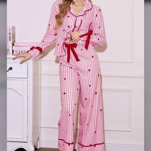 SHEIN | Striped Heart Print Lapel Collar Bow Tie Long Sleeve Pajama Set